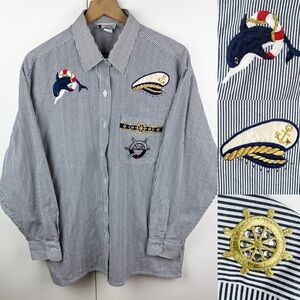 Vintage Nautical Embroidered Dolphin Ship Captain Hat Striped Button Down Shirt
